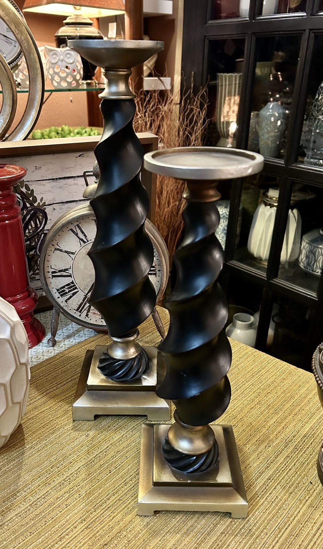 Pair Of Distressed Finish Black And Gold Candle Holders