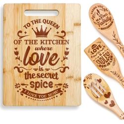 Bamboo Wood Cutting Board with Wooden Spoons For Cooking – Set of 3 Cooking Spoons as Mother's Day Gift Ideas With Bamboo Cutting Board – Complete Mot