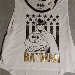 Women's Size Medium $24 Batman Tank Top Gold Lettering White Shirt Brand New