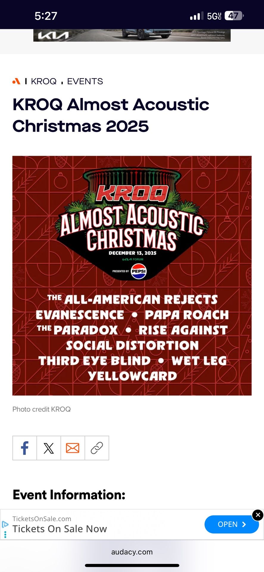 Kroq Almost acoustic Christmas Kia Forum 12/13/25 1 Concert Ticket