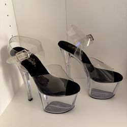 Pleaser Women's Clear Black Platform Stiletto Heels Ankle Strap Open Toe Buckle