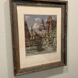 Rustic Wood Framed German Etching/ Artist Hand Colored And Signed