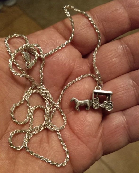 Sterling 925 Silver 24" Chain And Wagon Pendant