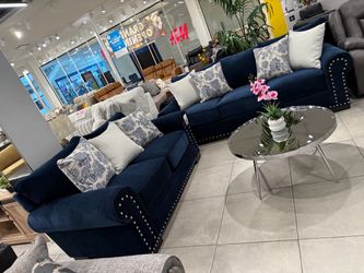 Navy Blue Fabric Sofa Set with Nailhead Trim 💙💙