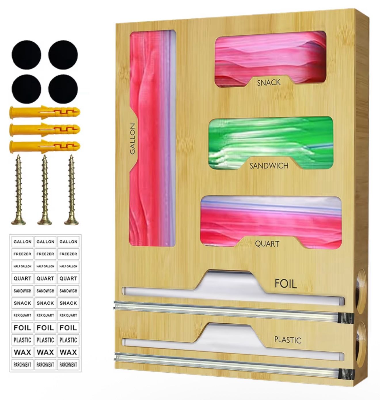 Foil and Plastic Wrap Organizer for Ziplock, 6 in 1, Included 4 Storage Bag Organizer for Kitchen Drawer, 2 Dispenser with Cutter