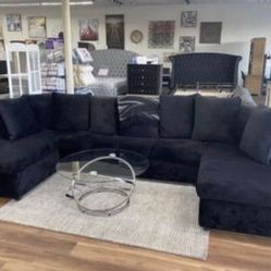 New Super Comfy All Black Or Black/Gray Double Chaise Sectional Sofa Couch 