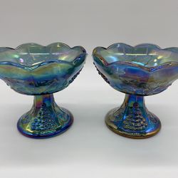 Vintage Pair Indiana Carnival Glass Candlesticks Grapes Harvest Iridescent Blue