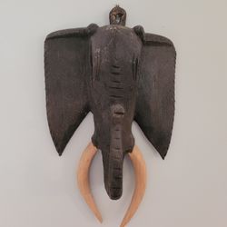 Elephant Head Wall Hanging Hand Carved Wood Vintage 14.5"