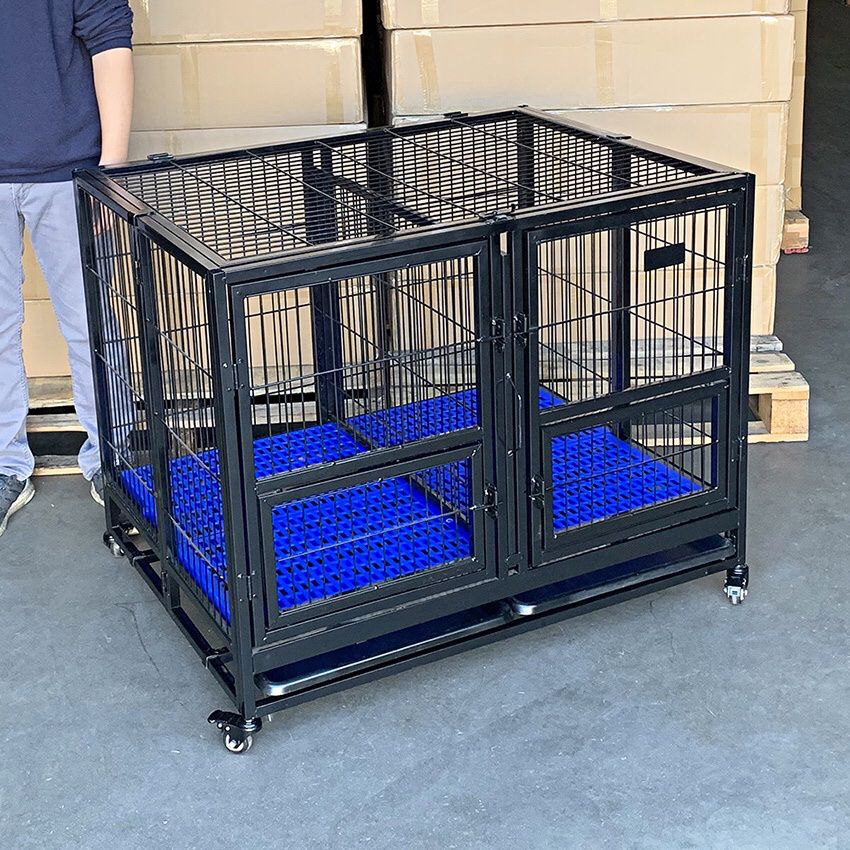 $170 (new in box) folding heavy-duty dog crate 41”x31”x34” dual-door stackable cage kennel, divider, plastic tray