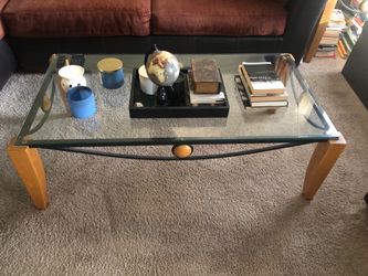 Glass Top Coffee Table with Matching Side Table Wood and Metal Base