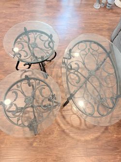 3-Piece Glass Top and Wrought Iron Coffee Table Set