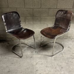 Willy Rizzo C2 70s Production Chromed Steel Frame Chairs Brown Vintage Leather Set of 2 MCM