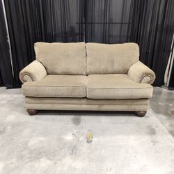 Beige Textured Fabric Loveseat with Nailhead Trim