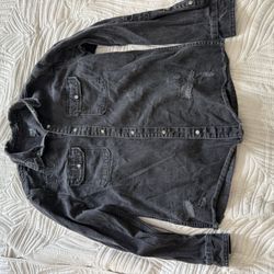 Zara Distressed Black Denim Shirt Jacket Relaxed Fit Snap Button Size L