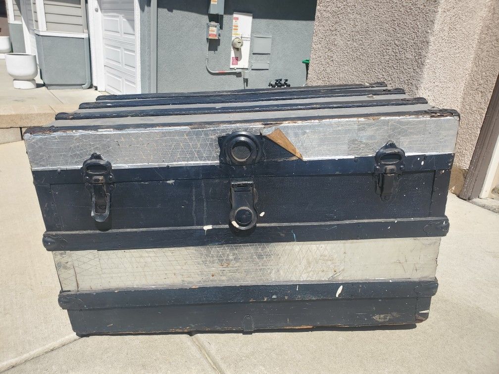 Vintage Antique Black Wood Steamer Trunk