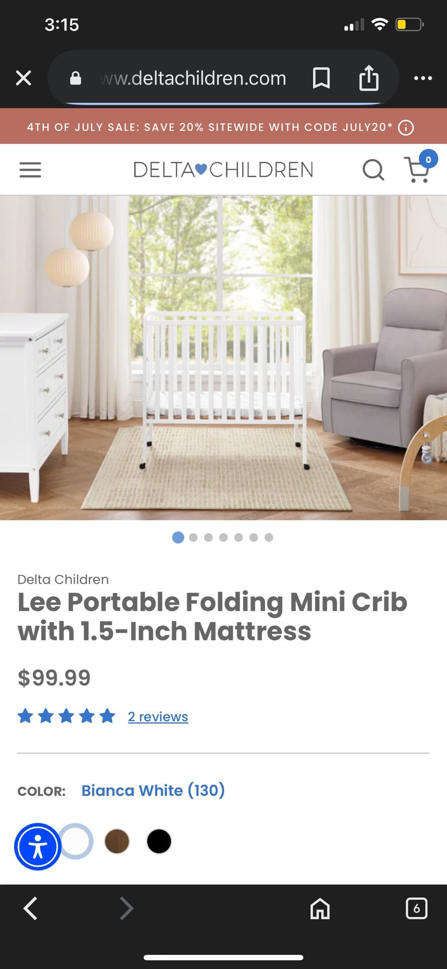 New in Box Delta Children Lee Portable Folding Mini Crib with 1.5-Inch Mattress White 