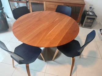 Room and Board Custom Dining Room Set / Linier Storage Cabinet / Round Table in Stainless Steel and Cherry Wood / 4 Chairs