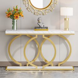 55" Console Table, Narrow Entryway Sofa Table with Geometric Metal Frame
