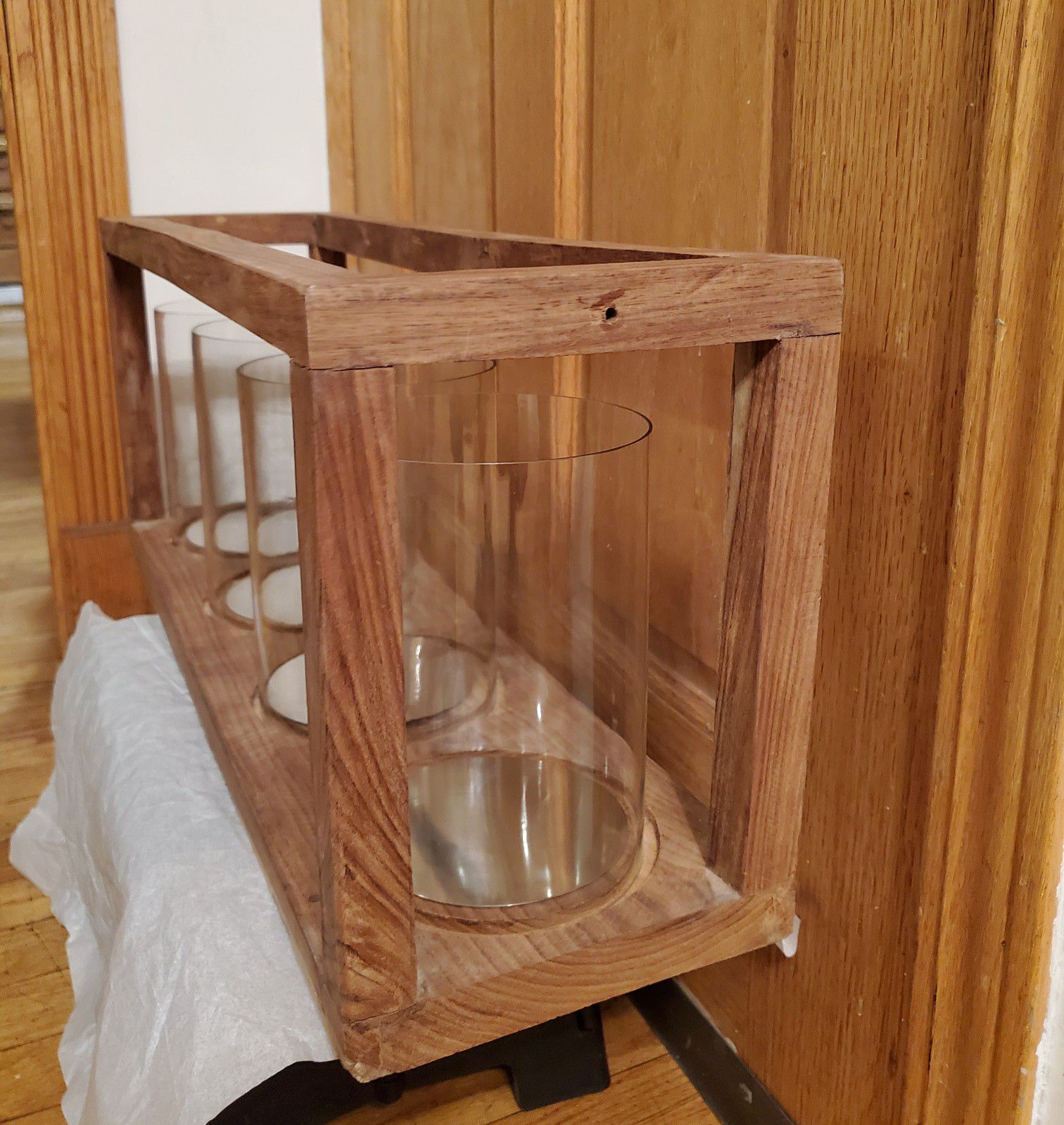 Wooden And Glass 4-Pedestal Rectangular Candle Holder