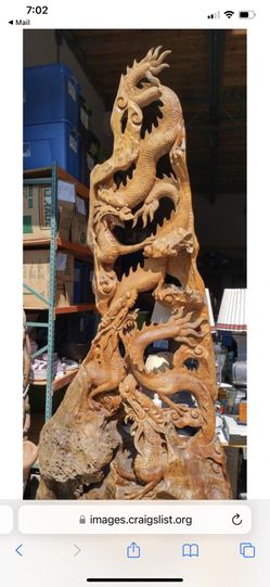 9ft Tall Carved 3 Dragons On A Single Piece Of Work