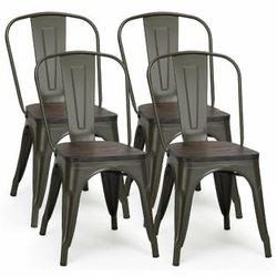 Costway Set Of 4 Tolix Style Metal Dining Side Chair Wood Seat Stackable Bistro Cafe