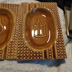 Vtg Handmade U.S.A Golden Brown Ashtrays Ceramic Pottery 