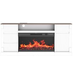 Modern 3-Sided Glass TV Stand with Electric Fireplace for TVs up to 80, Entertainment Center with LED Lights, Storage Cabinet & Drawers for Living Roo