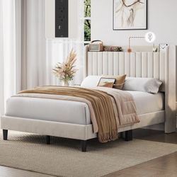 Full Size Bed Frame With Charging Station / Beige  Full Sized Bed Frame / Storage Bed Frame 