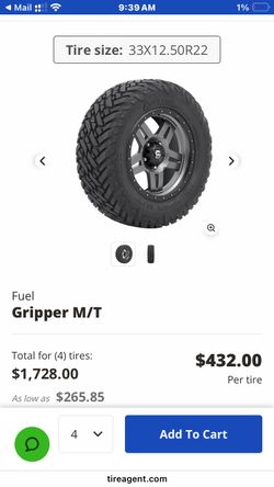 4 Fuel Gripper M/T TIRES Tire size: 33X12.50R22 BRAND NEW (still on pallet & wrapped in plastic)