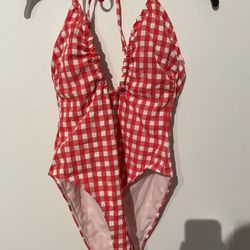 Wild Fable Women’s Size S(4-6) Swimsuit Red Gingham Plaid Cross Halter High Leg NWT