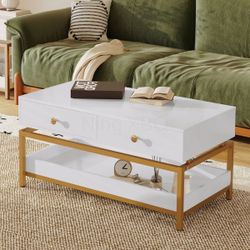 White Coffee Table with Drawers and Gold Frame