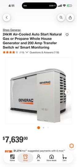 24kW Air-Cooled Auto Start Natural Gas or Propane Whole House Generator and 200 Amp Transfer Switch w/ Smart Monitoring