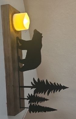 Homemade Rustic Bear and Tree Silhouette Wall Decor with LED Candle