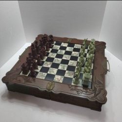 VTG Chinese Chess Board Set Hand Carved Wood Dragon Ceramic Tile & Soapstone