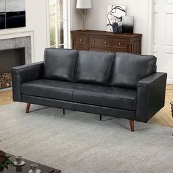 Black Genuine Leather Tufted Seat Couch