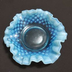 Fenton Blue Hobnail Ruffled Candy Dish