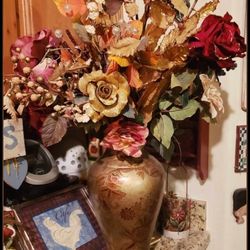 XL VINTAGE FLORAL ARRANGEMENT GOLD ROSE FLOWER VASE BOUQUET TABLE DECOR