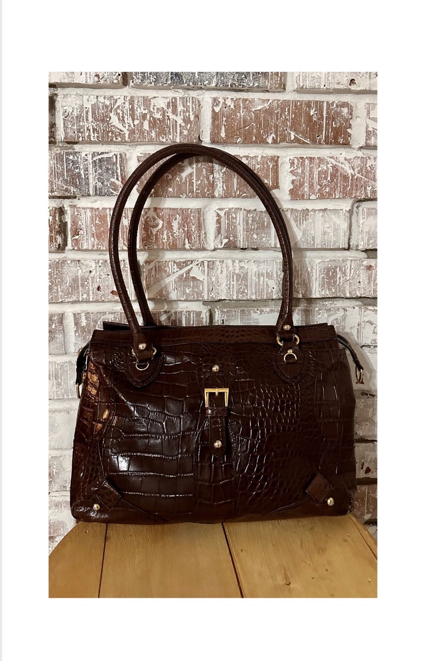 Etienne Aigner Croc Embossed Leather Shoulder Bag Purse Dark Brown Large