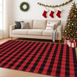 Ckorzen Red and Black Plaid Rug, 8' x 10' Christmas Front Porch Outdoor Rug, Handwoven Cotton Washable Rug for Layered Door Mats, Holiday Entryway and