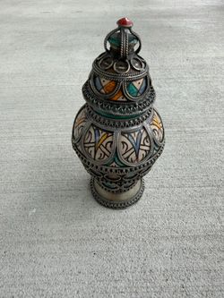 Vintage Moroccan Style Ceramic Lidded Urn Metal Filigree Boho Decor 8”