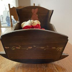 ADORABLE NEW  WOOD ROCKING CRADLE AND RED PAJAMA BEAR