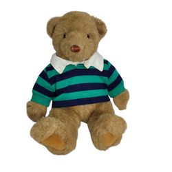 Lands End Gund Authentic Plush Rugby Teddy Bear Blue/Green Stripe Shirt 1989 Vtg