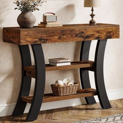 Tribesigns 41" Small Console Table for Entryway, 3-Tier Narrow Rustic Sofa Table with Storage Shelves and Curved Frame for Living Room, Entry, Hallway