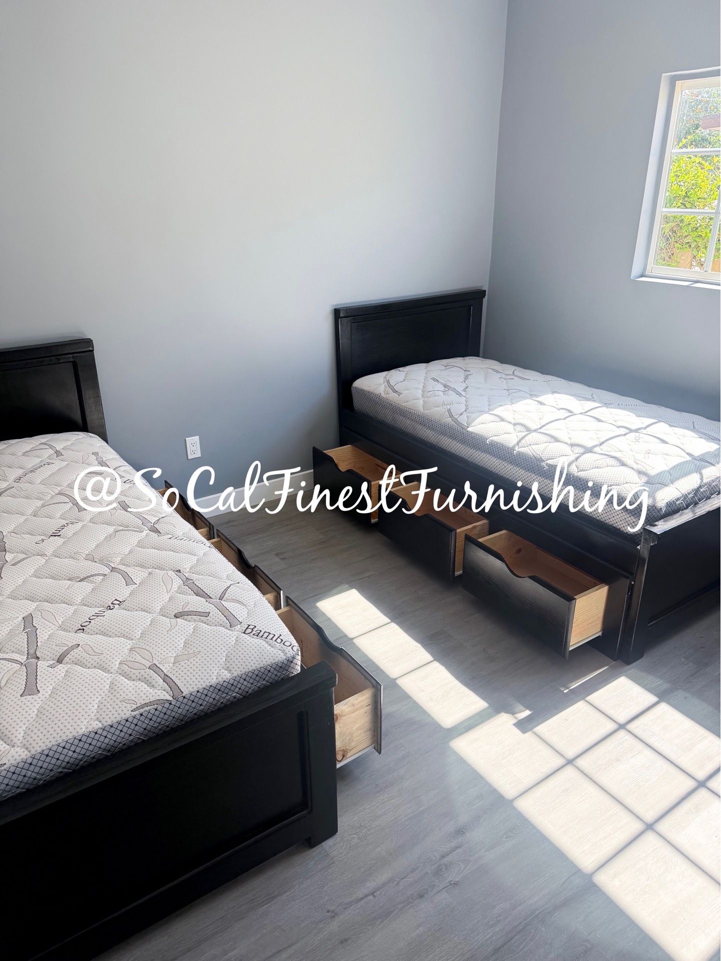 Twin bed with mattress and drawers