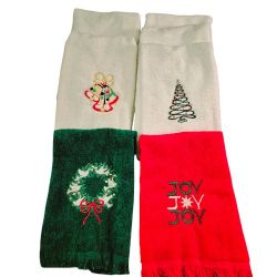 Christmas Hand Towels 7 Cannons 18x11 Fringed White Green Red Stitched Decorative 