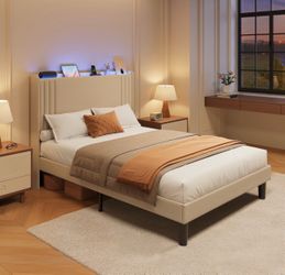 Queen/ Full Vertical Channels Upholstered Bed with Wingback Headboard (Mattress included)