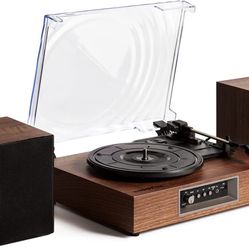 Vinyl Record Player with Powerful External Bookshelf Speakers, 3-Speed Belt-Driven Turntable with Magnetic Cartridge Support Headphone/USB Mode