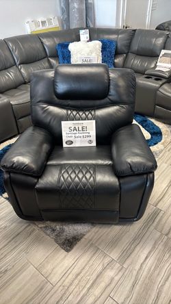 Fall clearance sale. Santiago black leather reclining chair only $299. Easy finance option. Same-day delivery.
