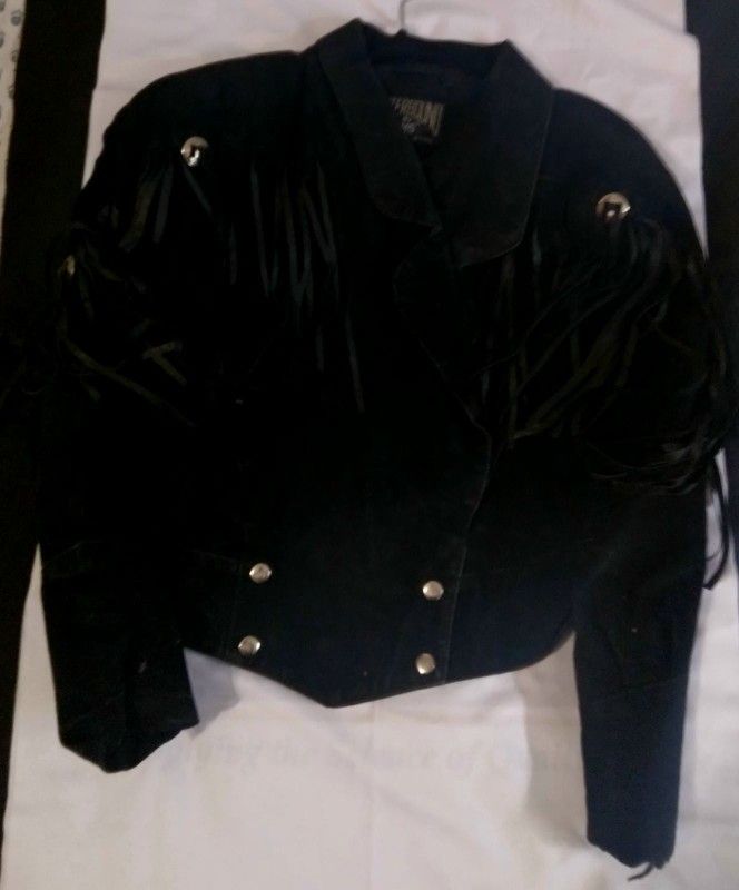 Women's Medium Black Leather Fringe Jacket