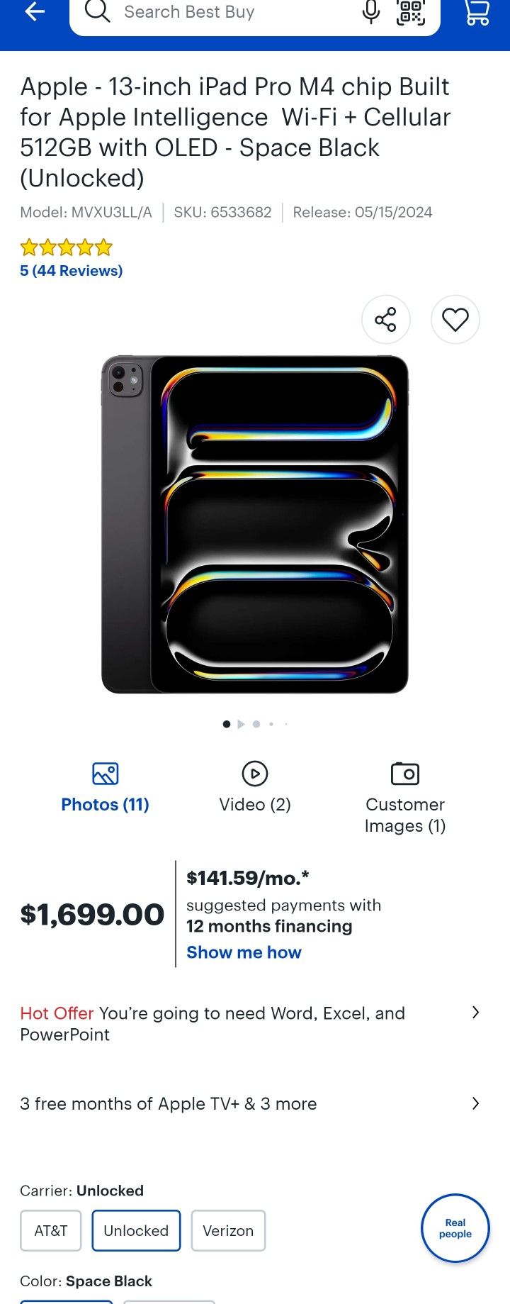 13 Inch M4 OLED iPad Pro 512GB + Cellular Apple Care